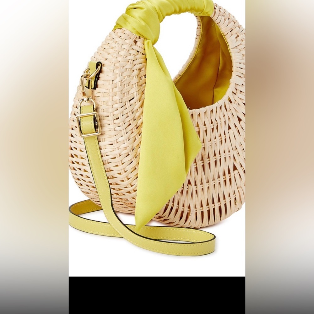 Woven straw Top handle crescent shape crossbody bag silk look citron scarf new - Picture 9 of 13
